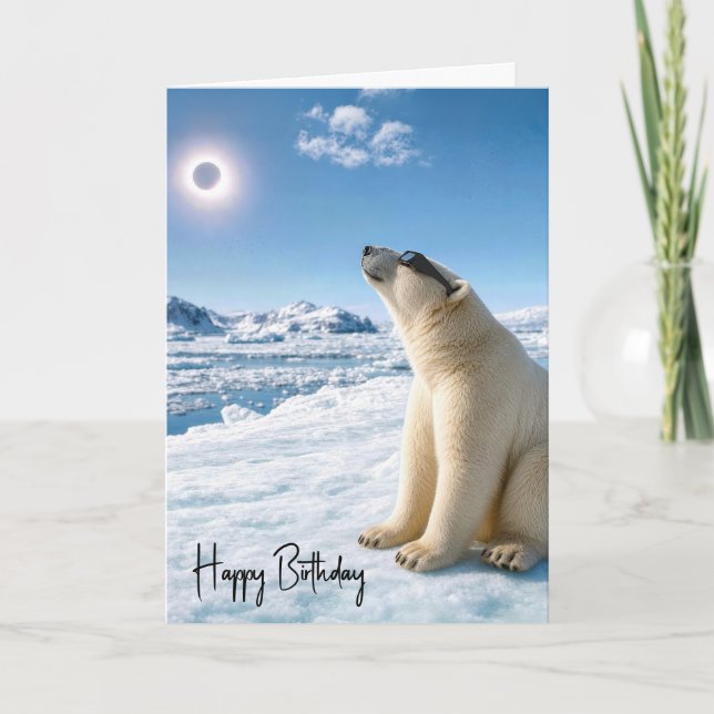 Carte Ours polaire d'anniversaire regardant l'éclipse so (Devant)