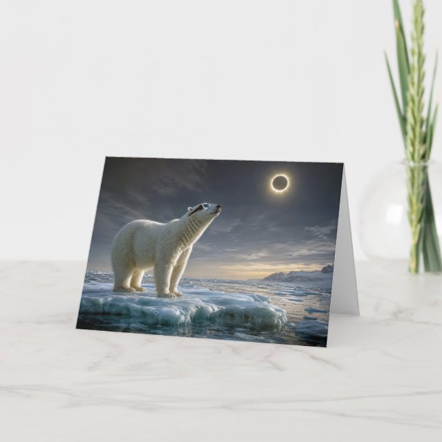 Carte Ours polaire d'anniversaire regardant l'éclipse so (Devant)