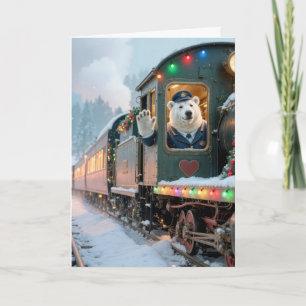 Carte Ours polaire de Noël dans une vieille locomotive à