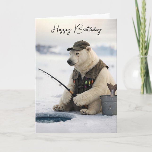 Carte Ours polaire pêche sur glace pour anniversaire (Devant)