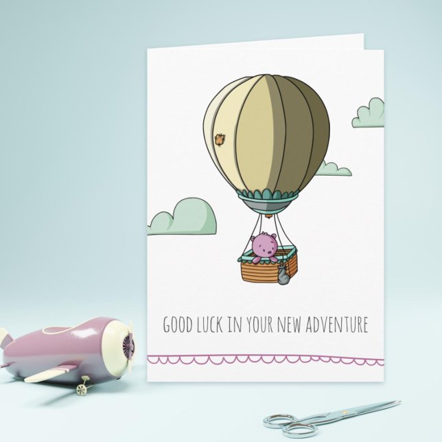 Carte Ours rose bonne chance en montgolfière d'adieu (Graduation or retirement card with a bear in a hot air balloon)