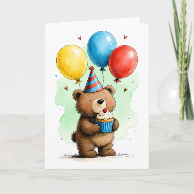 Carte Ourson Mignon avec Gâteau d'Anniversaire pour Enfa (Devant)