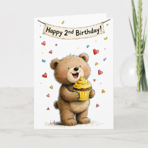 Carte Ourson mignon et fantaisiste Joyeux deuxième anniv