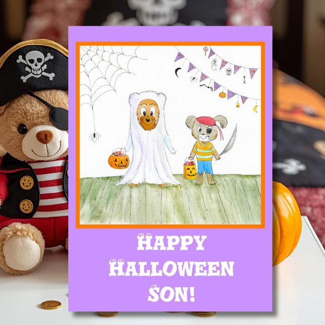 Carte Oursons mignons aquarelle Joyeux Halloween Fils (Créateur téléchargé)