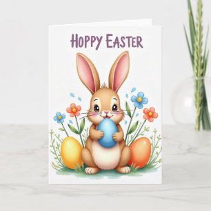 Carte ovale florale de lapin heureux