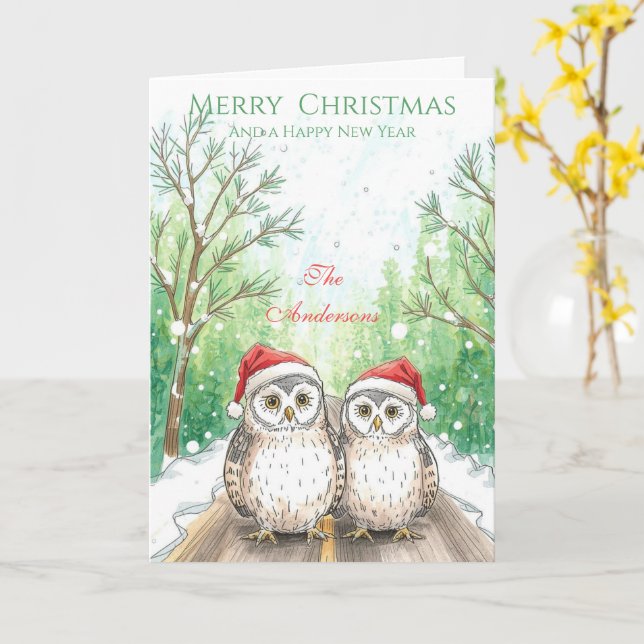 Carte  Owl Family Christmas Card – Green Woodland Owls (Fleur jaune)