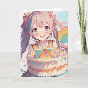 Carte Page Anime Girl with Birthday Cake and Coloring