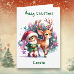 Carte Page de coloration personnalisée des elfes et des<br><div class="desc">Carte de Noël personnalisée avec un elfe mignon et rennes dans la neige. La page intérieure est une page de coloriage d'un elfe mignon tenant un cadeau de Noël.</div>