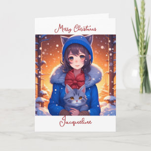 Carte Page de coloriage de fille anime et chaton de Noël