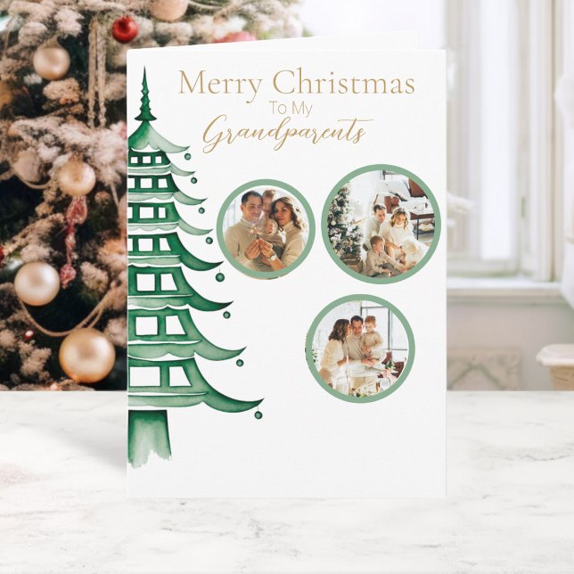 Carte Pagode verte de Noël Arbre grand-parent 3 photos (Green Christmas Pagoda Tree Grandparent 3-Photo Card)