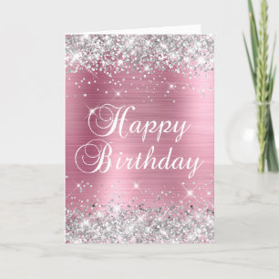 Carte Pailleté Argent Décoratif Rose Anniversaire Joyeux