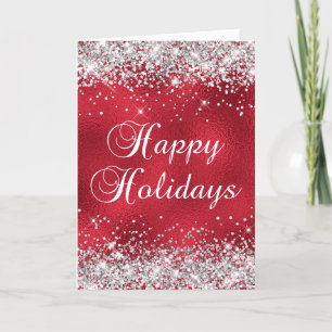 Carte Pailleté Argent Rouge Verre Feuille Joyeuses Fêtes