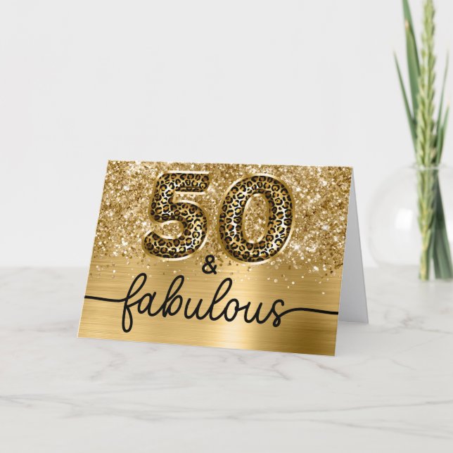 Carte Pailleté Or Léopard Glamour 50 et Fabuleux (Devant)