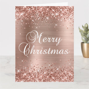 Carte Pailleté Or Rose Feuille Grand Joyeux Noël