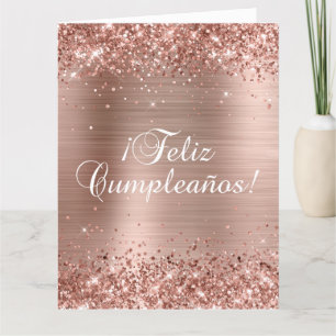 Carte Pailleté Rose Or Feuille Grand Feliz Cumpleaños