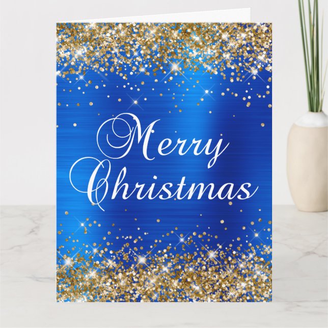 Carte Paillettes dorées Joyeux Noël royal bleu en feuill (Devant)