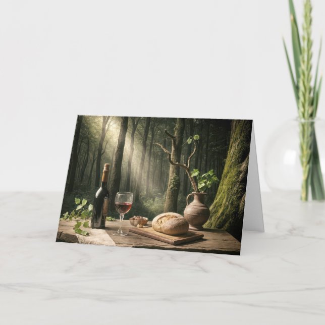 Carte Pain et vin d'anniversaire sur une table de forêt (Devant)