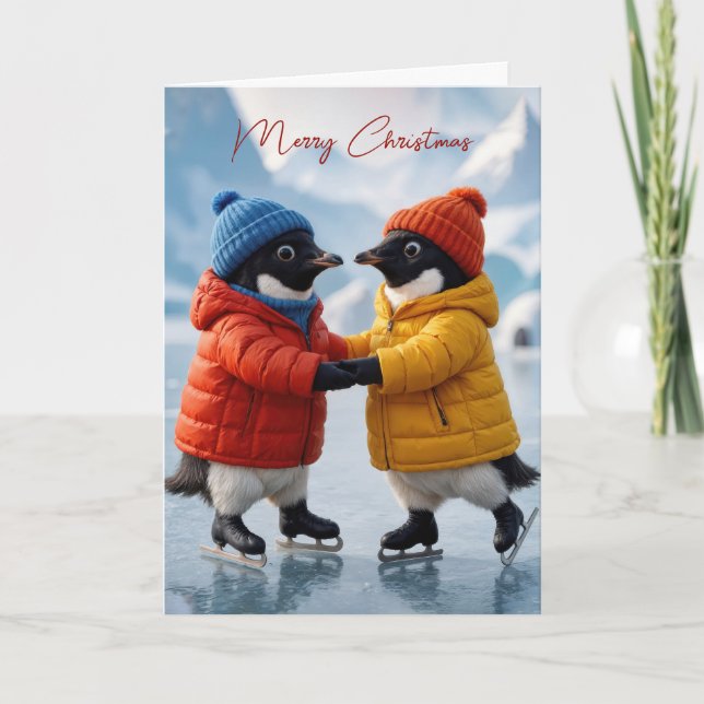 Carte Paire de pingouins de Noël patinant sur glace  (Devant)