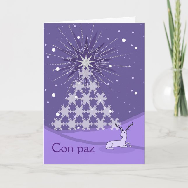 Carte Paix en Espagnol Arbre de Noël et Cerf (Devant)