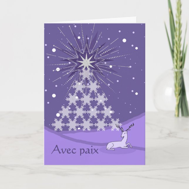 Carte Paix Paix en français sapin de Noël et cerfs (Devant)