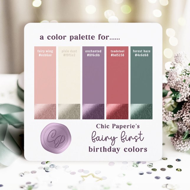 Carte Palette couleur Fairycore rose, verte, viole (Fairy First Birthday Color Palette Swatch Card. Fairy Wing Pink, Pixie Dust, Enchanted Purple...)