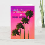 Carte Palm Trees in the Sunset Birthday Card<br><div class="desc">Four Palm Trees,  staggered in height,  against a jewel-toned sunset.   'Happy Birthday' in English and Hawaiian. Contact the designer for special requests. © Copyright 2021 P.D.,  Patterns & Paintings & Graphics.  All rights reserved.</div>