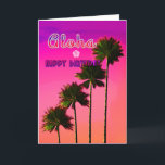 Carte Palm Trees in the Sunset Birthday Card<br><div class="desc">Four Palm Trees, staggered in height, against a jewel-toned sunset. 'Happy Birthday' in English and Hawaiian. Contact the designer for special requests. © Copyright 2021 P.D., Patterns & Paintings & Graphics. All rights reserved.</div>