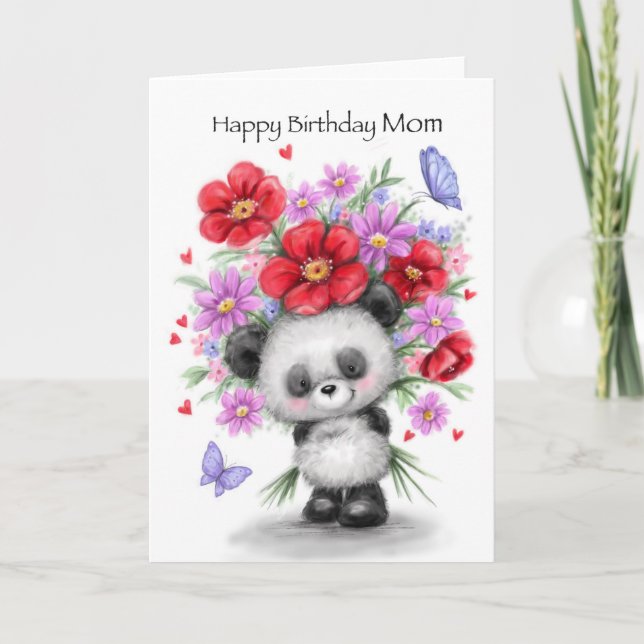 Carte Panda avec de belles fleurs, Joyeux Anniversaire M (Devant)