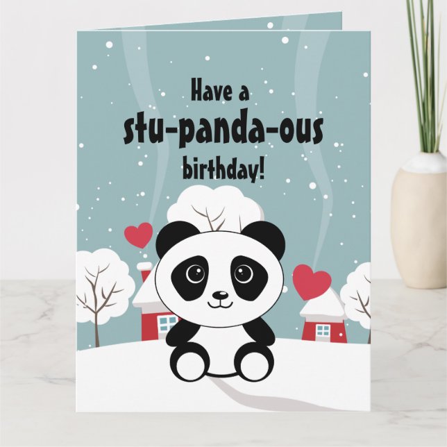 Carte Panda Bébé Cute En Hiver Gris Neige (Devant)