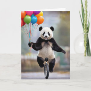 Carte Panda d'anniversaire sur un monocycle avec un bouq
