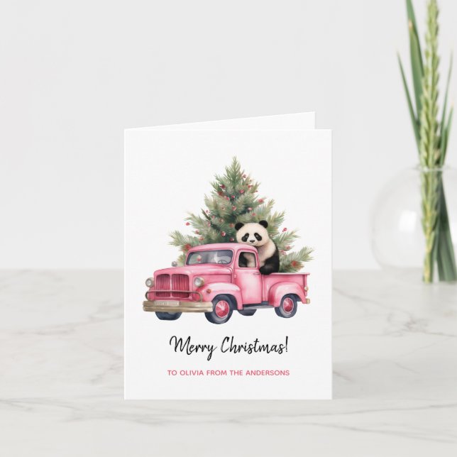 Carte Panda dans Pink Vintage Truck Noël (Devant)
