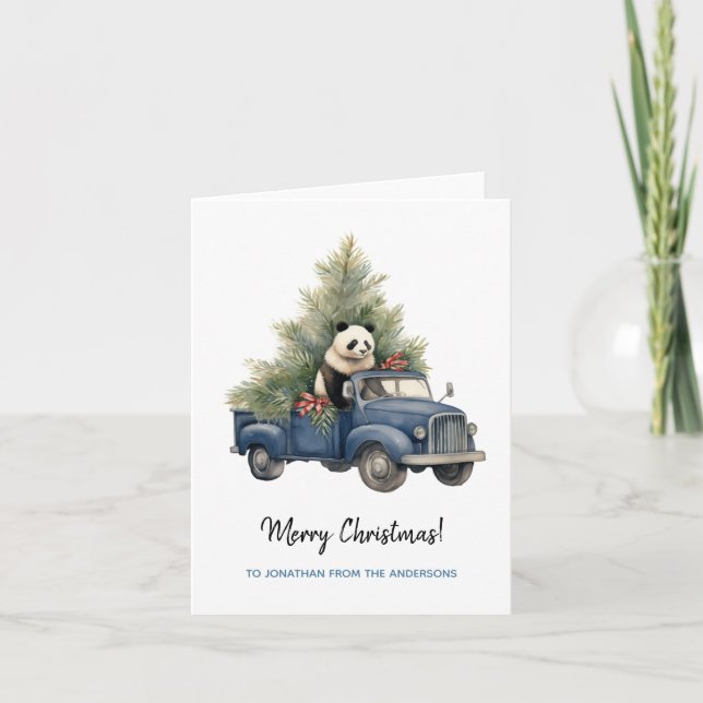 Carte Panda drôle dans Blue Retro Truck Xmas (Devant)