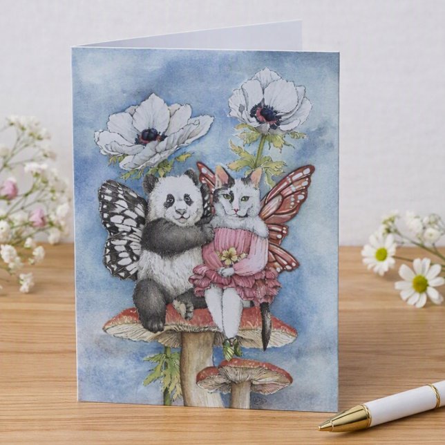 Carte Panda et chat fée amis avec des fleurs d'anémone (Créateur téléchargé)