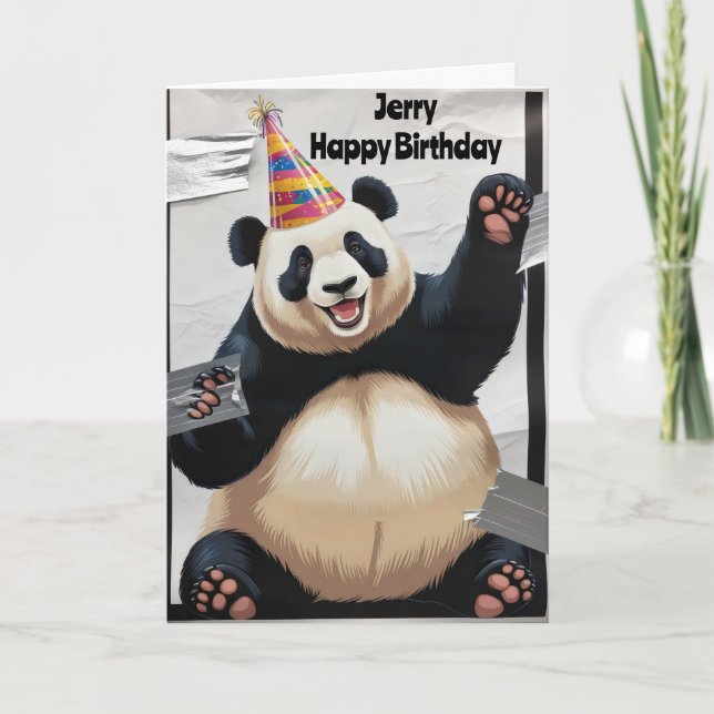 Carte Panda géant assis portant un chapeau d'anniversair (Devant)
