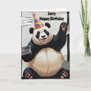 Carte Panda géant assis portant un chapeau d'anniversair