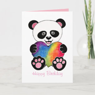 Carte Panda Mignon Aquarelle Avec Cœur Arc-en-Ciel