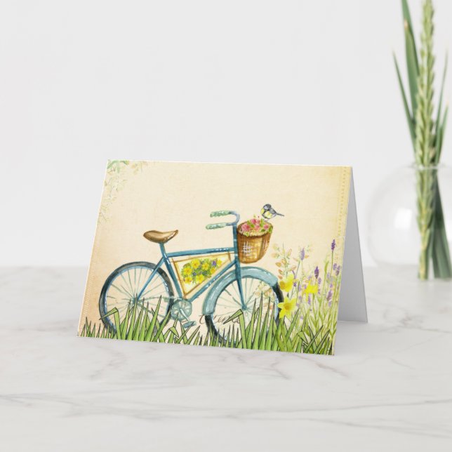 Carte Panier à bicyclette bleu Fleurs & Oiseau jaune (Devant)