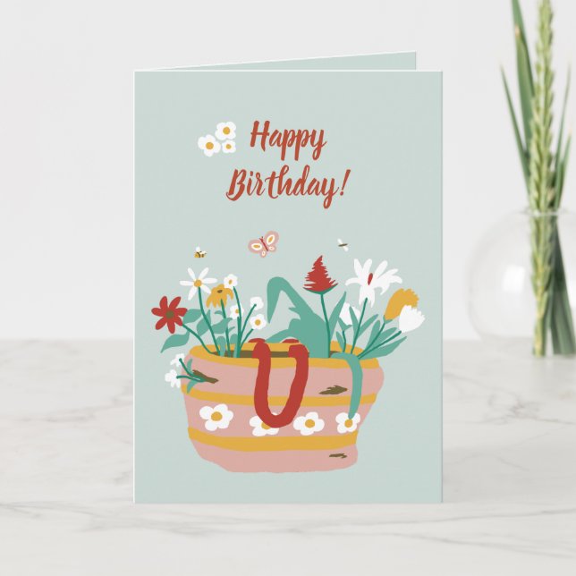 Carte Panier à fleurs Joyeux texte d'anniversaire - bleu (Devant)