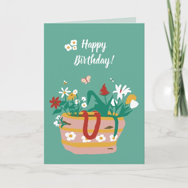 Carte Panier à fleurs Joyeux texte d'anniversaire - vert (Devant)