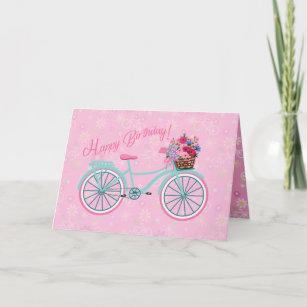 Carte Panier à fleurs sur vélo Anniversaire assez rose
