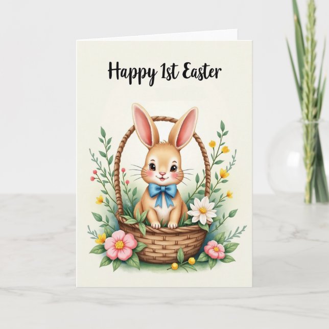 Carte Panier avec Nœud Bleu de Lapin (Devant)