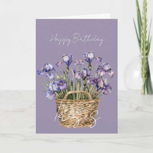Carte Panier de fleurs d'iris violettes pour anniversair (Devant)