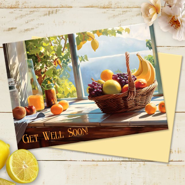 Carte Panier de fruits d'aquarelle se porter bientôt bie (Get Well Soon card featuring a watercolor painting of a fruit basket overlooking the ocean)