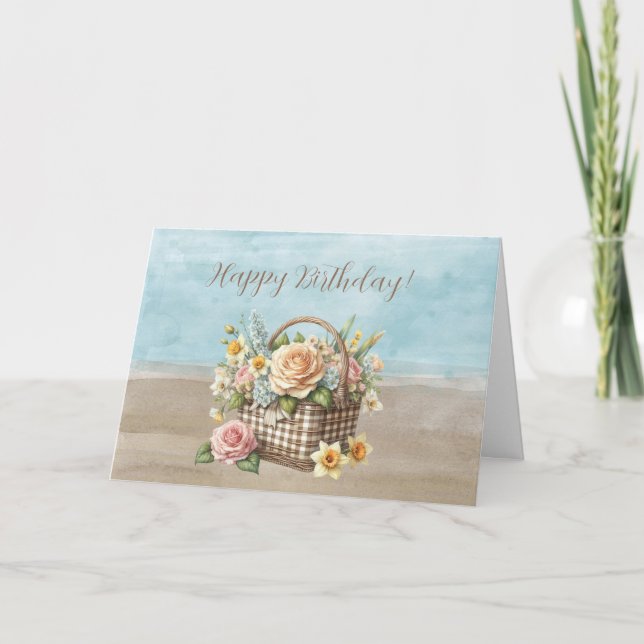 Carte Panier de roses crème Joyeux Anniversaire (Devant)