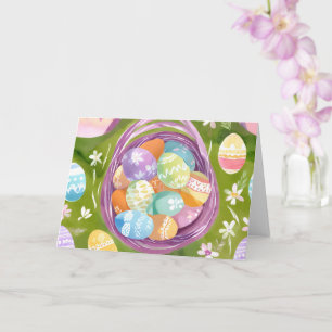Carte Panier d'œufs de Pâques   Aquarelle pastel de prin