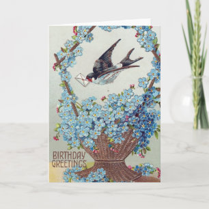 Carte Panier d'oiseaux d'anniversaire aux fleurs bleues