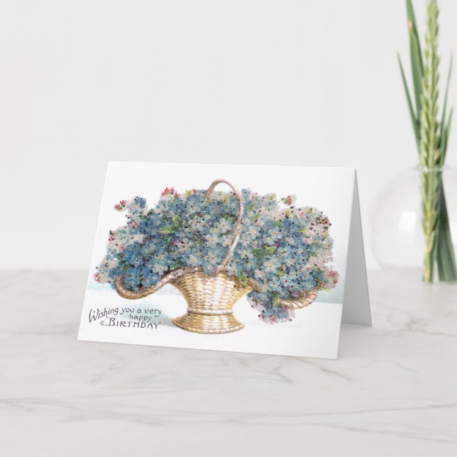 Carte Panier vintage de fleurs bleues pour l'anniversair (Devant)