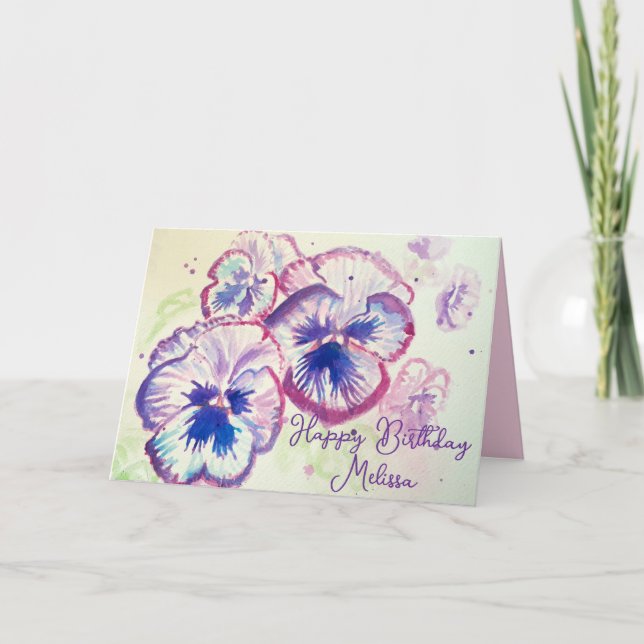Carte Pansy Panies Purple Fleurs Florales Aquarelle Nom (Devant)