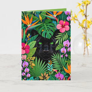Carte Panthère noire Fleurs de jungle et feuillage tropi