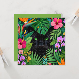 Carte Panthère noire Fleurs de jungle et feuillage tropi